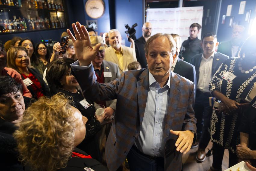 Attorney General Ken Paxton speaks during a reception for Jared Woodfill at the Federal American Grill on Monday, Feb. 5, 2024, in Houston.