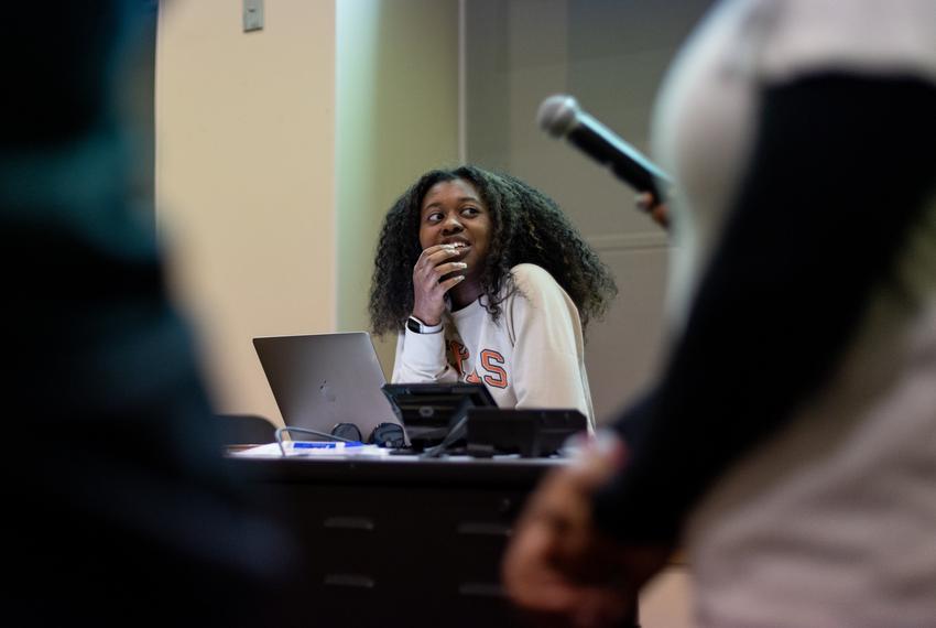 Aaliyah Barlow helps to lead the Black Student Alliance meeting at the University of Texas at Austin on Feb. 19, 2024.