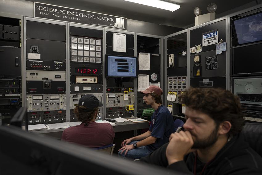 From left, Texas A&M University reactor operators Sean Yeatts, Alexander Smith and Harley Rex monitor reactor readings from the university’s Training, Research, Isotopes, General Atomics (TRIGA) nuclear research reactor Monday, March 11, 2024 in College Station.