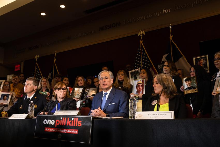 Gov. Greg Abbott, center, is flanked by Texas Division of Emergency Management Chief Nim Kidd, Health and Human Services Commissioner Cecile Young, Texas Against Fentanyl founder Stefanie Turner, and state Rep. Dr. Tom Oliverson, R-Cypress.