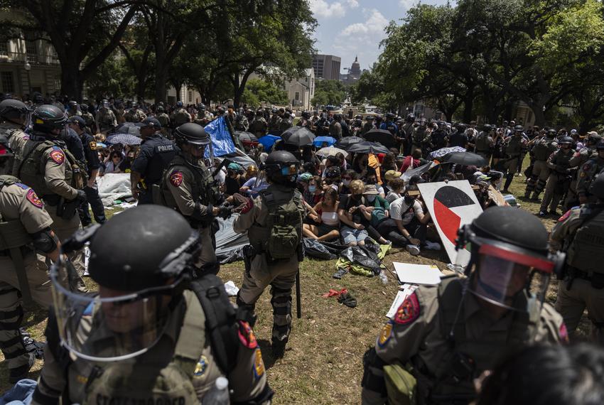 Texas department of Public Safety troopers surround a pro-Palestinian encampment on the University of Texas at Austin campus on Monday, April 29, 2024.