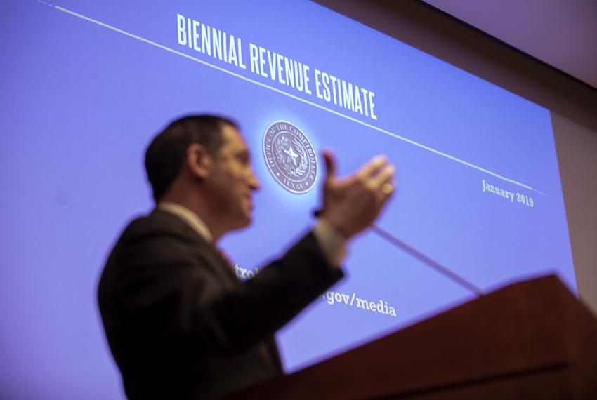 Comptroller Glenn Hegar discusses the Biennial Revenue Estimate for the 2020-21 biennium at the state capitol on Jan. 7, 2019.