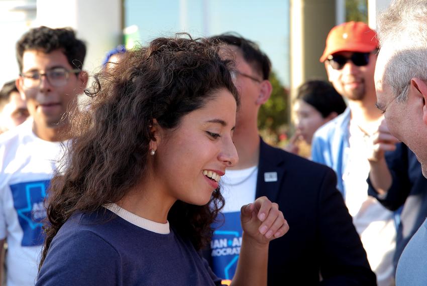 Harris County Judge Lina Hidalgo greets attendees during a Get Out the Vote Rally hosted by the Asian American Democrats of Texas in Asiatown on Oct. 15, 2022.