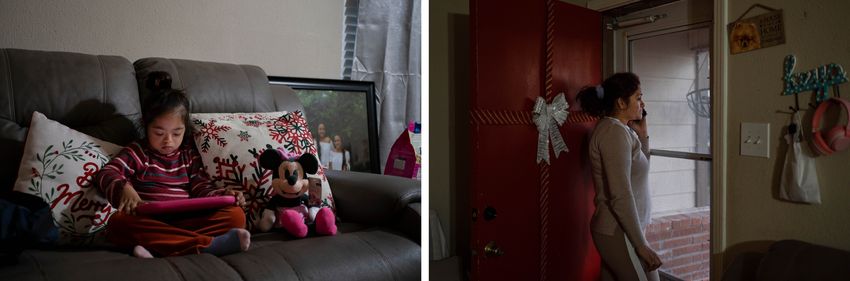 Alina Lazo watches a video while her mother Cristina Lazo looks out her front door while talking on the phone at their home in Cloverleaf. Sometimes the wind brings “smells like chemicals” and “you can see the dust in the house and in the cars,” Lazo said. 

Alina Lazo ve un video mientras su madre, Cristina Lazo, mira desde la puerta de su casa, en Cloverleaf, y habla por teléfono. A veces el viento trae “olor a químico” y “se ve el polvo” que ellas están inhalando, dice Lazo.

On November 10, 2023, six-year-old Alina Lazo watches a video at her home in Cloverleaf, Texas.