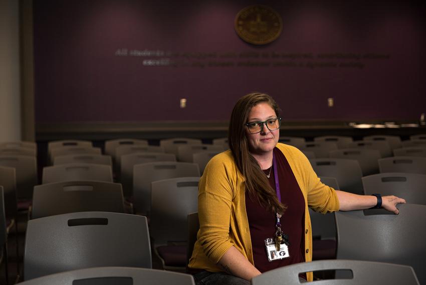 Emily Schigu, a 5th grade reading teacher at Mambrino STEAM Academy in Granbury ISD, poses for a portrait on Nov. 15, 2021. Schigut spoke out during a school board meeting against the anti-CRT movement occurring in the district, which was followed by criticisms throughout the Granbury community. “I stood up and I spoke, and people came out of the woodworks…but there’s only so much that you can do before your own mental health and well being is jeopardized.”