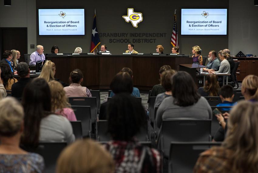 The Granbury ISD Board of Trustees convenes for a meeting at the GISD Administration Building on Nov. 15, 2021.