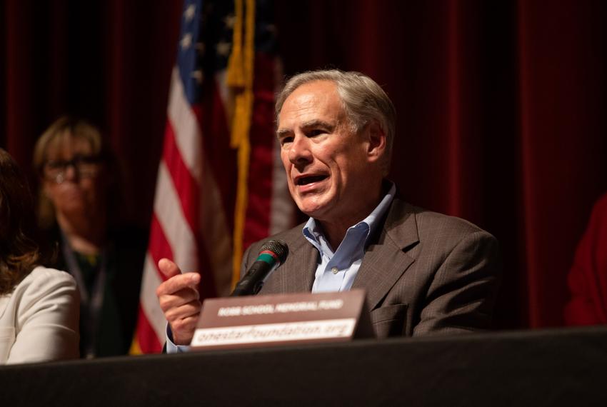 Gov. Greg Abbott speaks at a presser at Uvalde High School on May 27, 2022.