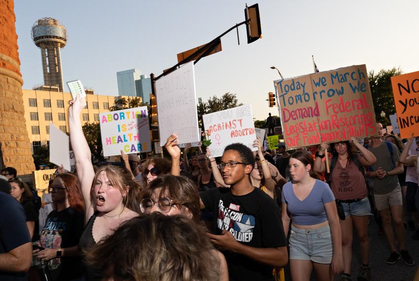 Demonstrators march against the overturning of Roe v. Wade, which virtually bans abortion in the state of Texas, on June 24, 2022.