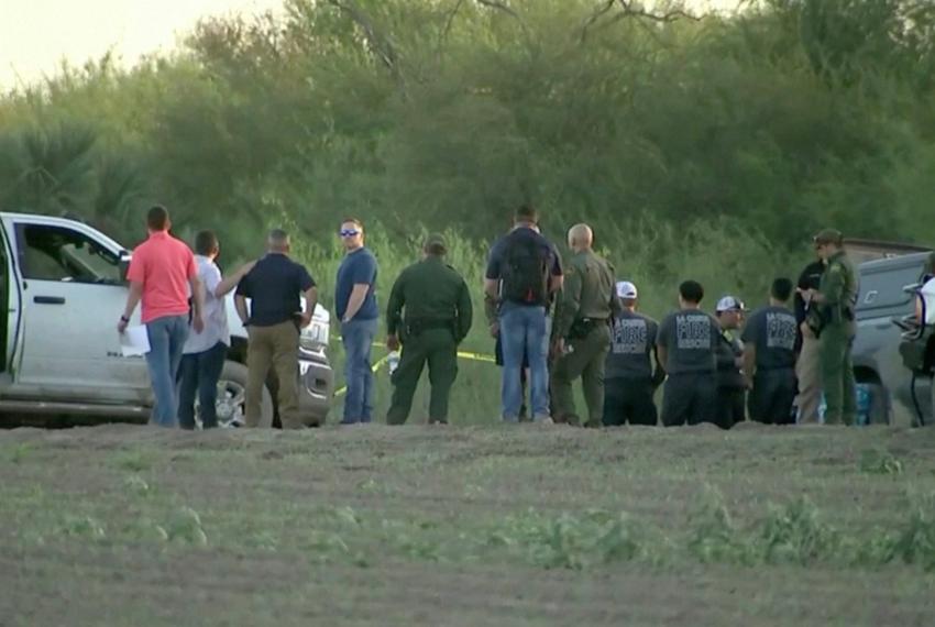 Emergency vehicles and personnel at the site where a Texas National Guard helicopter crashed near La Grulla on March 8, 2024.