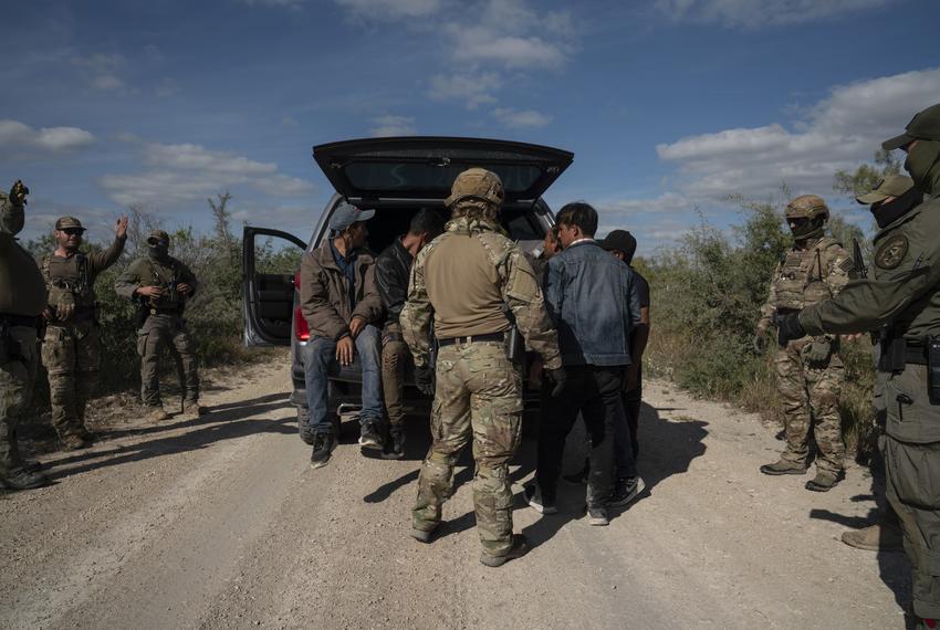 Texas DPS special agents apprehend a group of five undocumented migrants from Honduras that were caught in private property as part of Operation Lone Star in Kinney County near Brackettville on Nov. 8, 2021. The owner of the property did not sign an affidavit for arrests of undocumented migrants to be taking place at their property so the group of Hondurans will be processed by Border Patrol instead.