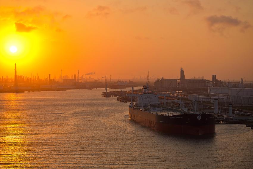 The sun sets over the Port of Corpus Christi in March 2018.