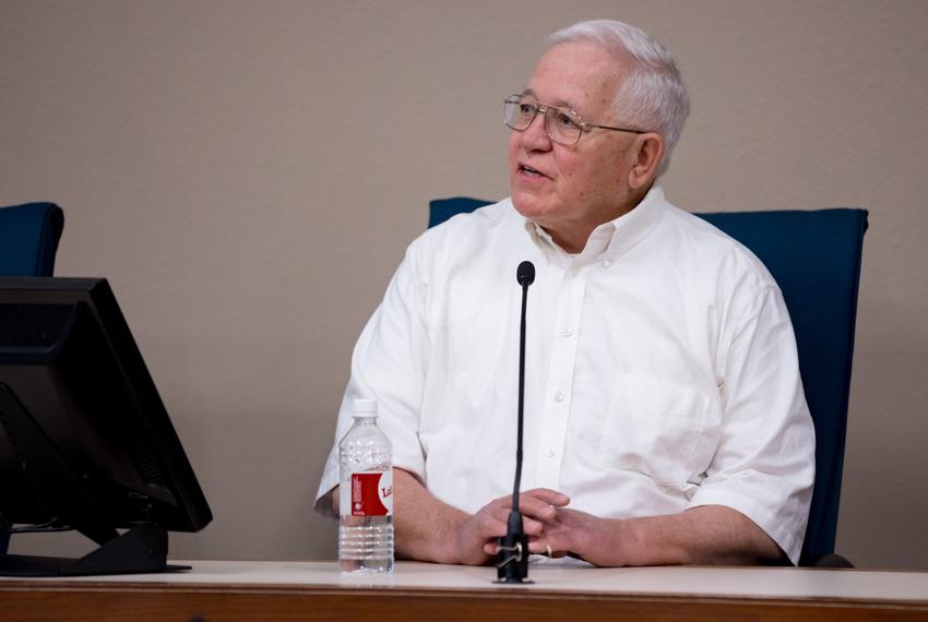 Ruben Garcia, director of Annunciation House, sits at the witness stand answering questions from Jerome Wesevich, a lawyer with Texas RioGrande Legal Aid representing Annunciation House, during a motion hearing with Judge Francisco Dominguez in the 205th District Courtroom in El Paso on Thursday, March 7, 2024.