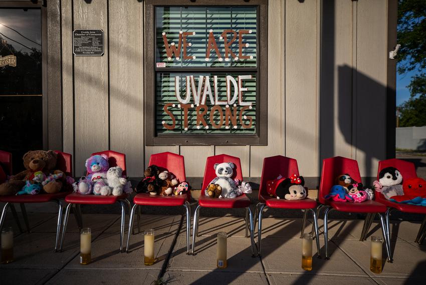 Storefronts around downtown were painted in memorial of the 21 people who died in the mass shooting at Robb Elementary in Uvalde on June 2, 2022.