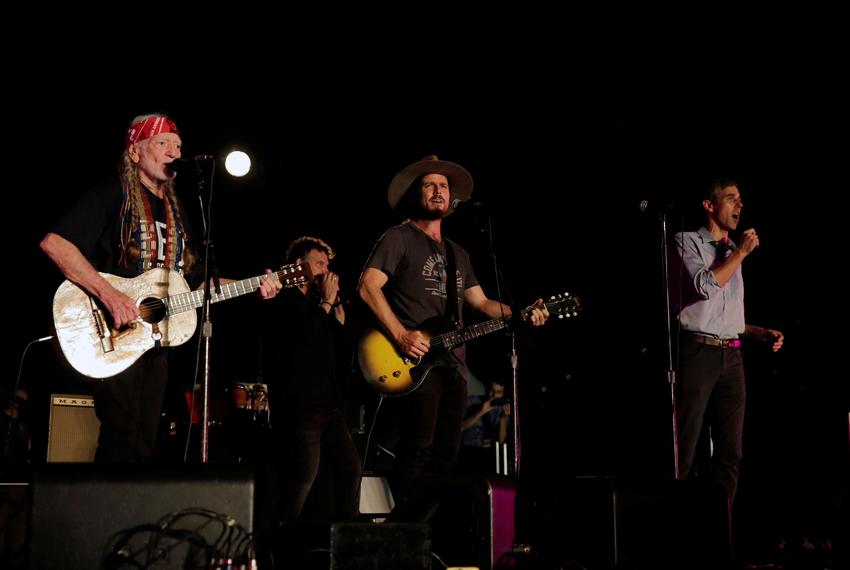 Singer Willie Nelson, his son Lukas Nelson and U.S. Senate candidate Beto O'Rourke sing at the “Turn out for Texas Rally with Willie & Beto” event in Austin on September 29, 2018.